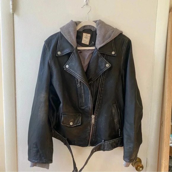 NWT Free People Leather Moto Jacket Hooded Black Gray We The Free - Picture 1 of 10
